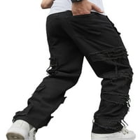 Sprifallbaby Men Retro Loose Denim Pants, средно издигане разкъсани затруднени прави дънки хип -хоп танцови дъна, черно