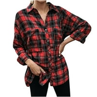 Женски ежедневен кариран риза с дълъг ръкав цветен блок бутон надолу суичър ревера свободно прилягане леко палто