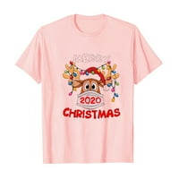 Дамски блузи жени мъже с къс ръкав Весела Коледа Карикатурен печат Семейство Топ тениска розово l