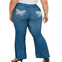 Noilla жени фалшиви дънки задника вдигане на фау деним панталони Панталони с висока талия плюс размери гамаши дами пълни дължини панталони Тоние Контрол Бел дъно синьо 6xl