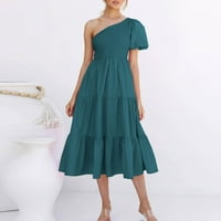 Gotyou облича женски небрежен лято лято с един рамо балон ръкав Бохемски твърд цвят торта рокля тъмно зелено m