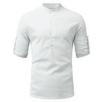 Мъже памучно бельо риза пуловер ежедневно стендъп яка твърда плажна тениска бяла, l
