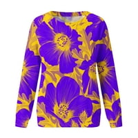 Спестовни пуловери за жени, женска модна ретро етническа отпечатана блуза с дълъг ръкав кръгла врата Небрежна пуловер върхове лилаво m