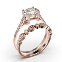 Ослепително минимално арт деко 2. Карат овален изрязан диамант Мосанит уникален годежен пръстен, сватбен пръстен, една съвпадаща лента в сребро със стерлинги с 18K розово златно подарък за жена