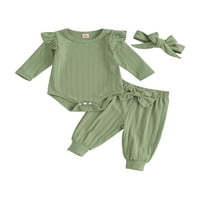 Qtinghua новородени бебе момичета падат дрехи със солиден цвят Ruffle с дълъг ръкав ромпер и ежедневни панталони за глава на лентата за глава зелени 6- месеца