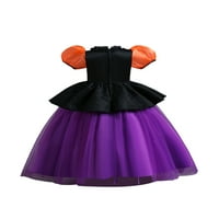 Детци момиче вещица Косплей рокля комплект пуф къс ръкав тюл пачуърк рокля + шапка лента за глава + тиквена чанта за Хелоуин тоалети