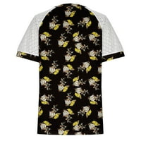 Sksloeg жени блуза плюс размер дантела реколта цветна щампа върхове бутер къси ръкави блузи v шия пачуърк отгоре, жълт xl
