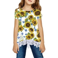 Момичета за малко дете тениска за свободното време туника флорални цветя отпечатани дантелени върхове с къс ръкав свободна мека блуза топ бебе деца деца Playwear Streetwear