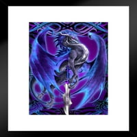 Blue Dragon, носещ меч от Рут Томпсън Fire Fiery Flames Flaming Dragonsword Stormblade Matted Famed Art Wall Decor 20x26