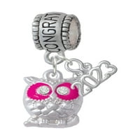 Заядете бижута Silvertone Owl с горещо розово и прозрачни кристални очи Поздравления за чар с мънисто с Dangle