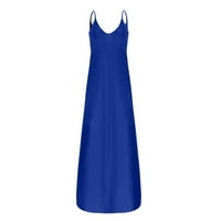 Стабилни рокли за жените модни ежедневни големи солидни кръгли суспендъри на шията A-Line Long Blue 5XL